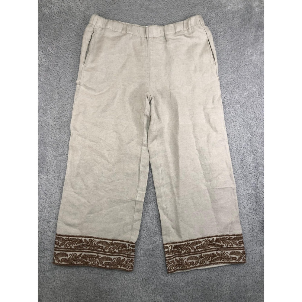 J. Jill Pants Women S (32x24) Beige Wide Leg Crop Linen Embroidered Pull On